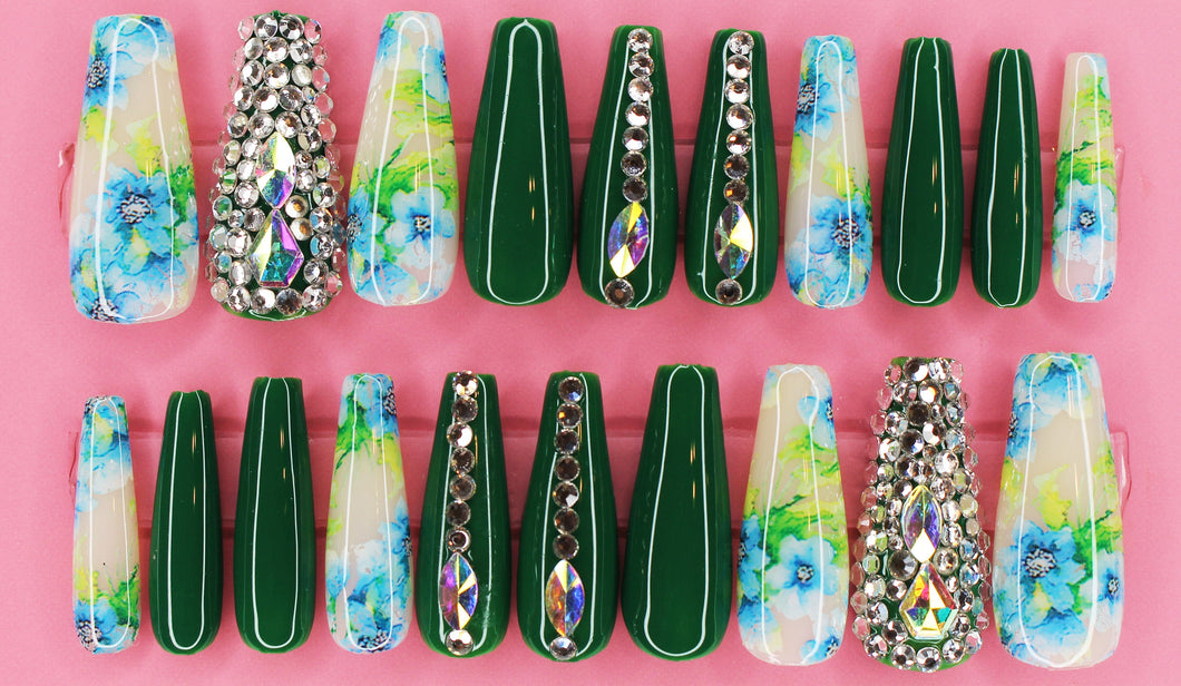 Easter Sunday Green Glitz Long Coffin Gloss Finish Press On Nails